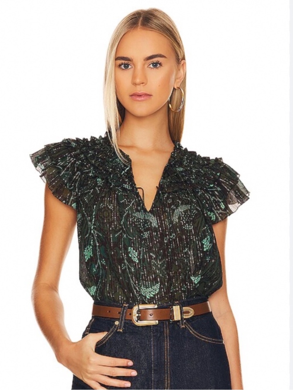 Ulla Johnson Green and Black Ruffled Floral Blouse